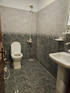 a bathroom with a toilet and a sink at Gulshan Palace Hotel in Karachi