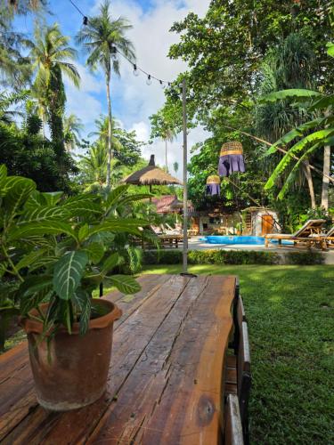 een potplant op een houten tafel bij een zwembad bij The Mellow Mango in Koh Lanta